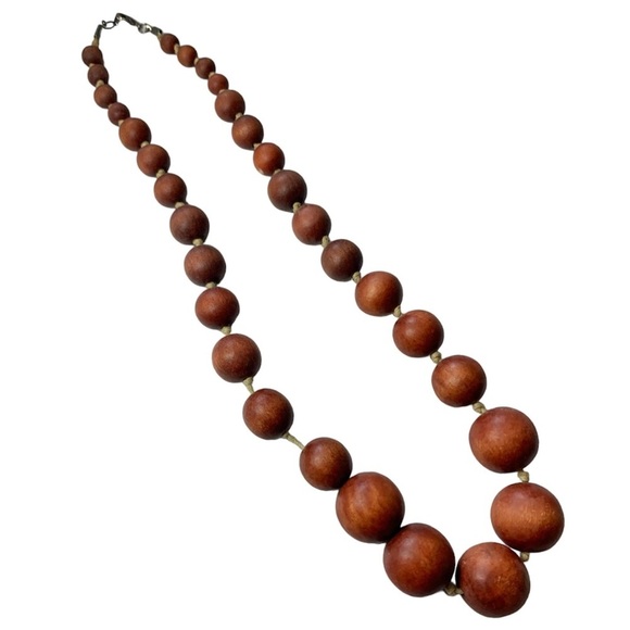 Vintage Graduated Wood Bead Hand Knotted Single Strand Necklace, [13” Hanging] - Picture 1 of 2